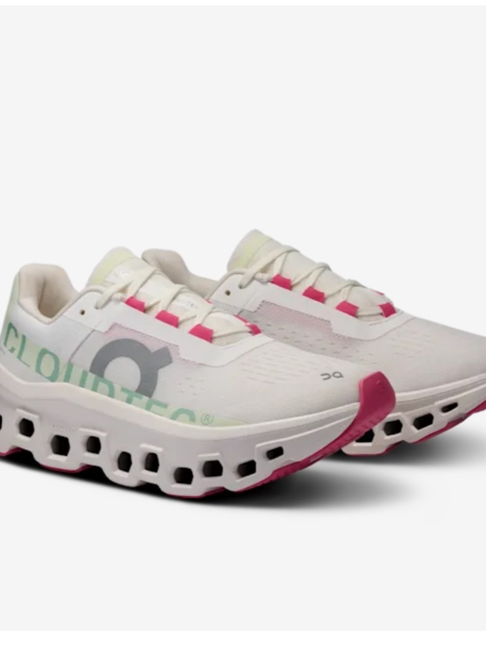 On Running Cloudmonster Sneakers in White with Pink Accents